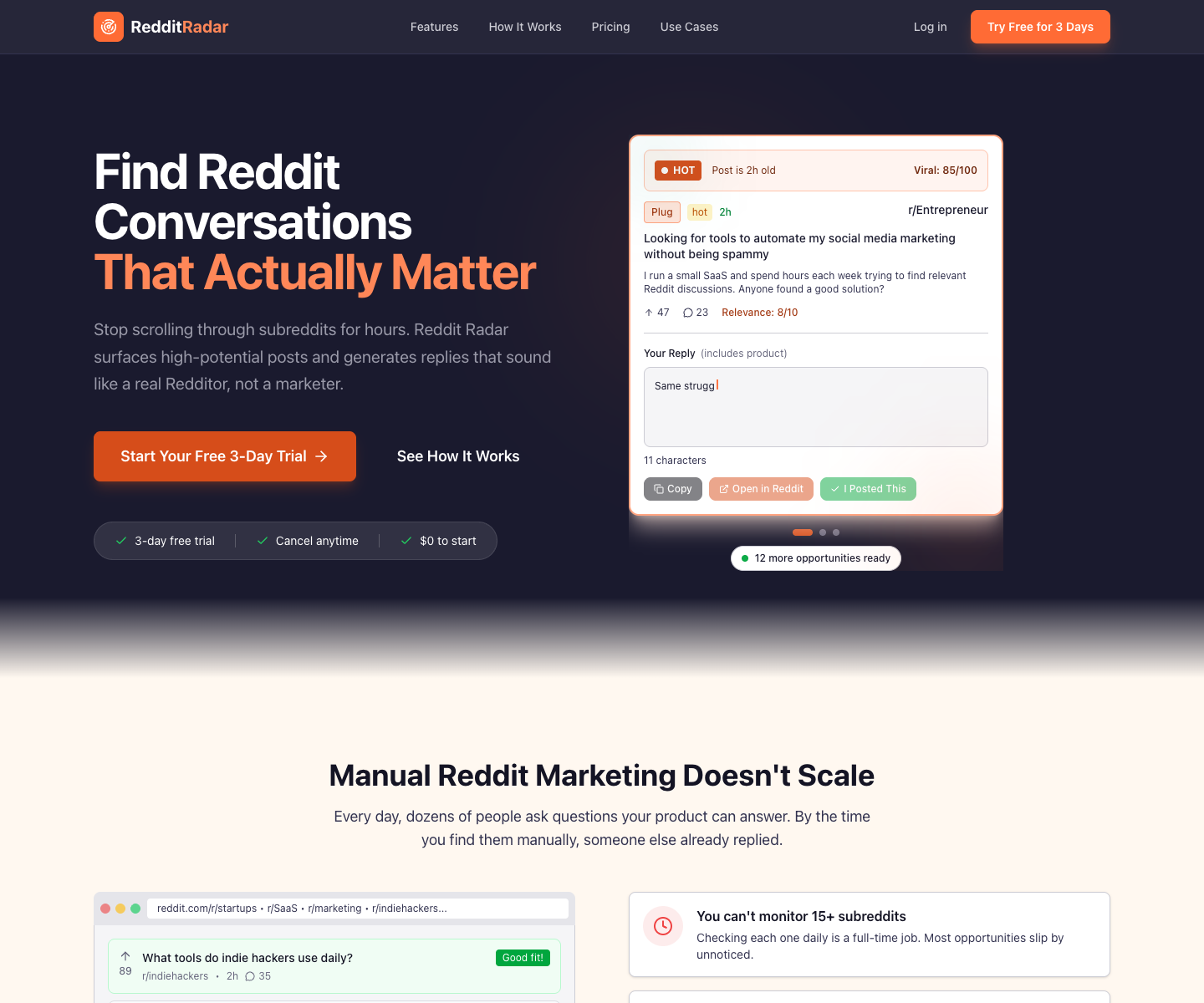 RedditRadar landing page screenshot