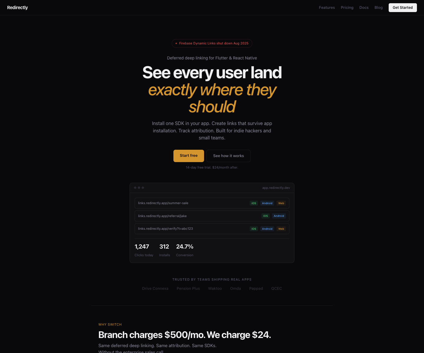 Redirectly landing page screenshot