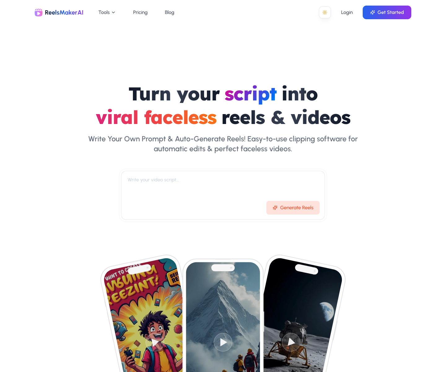 ReelsMakerAI landing page screenshot