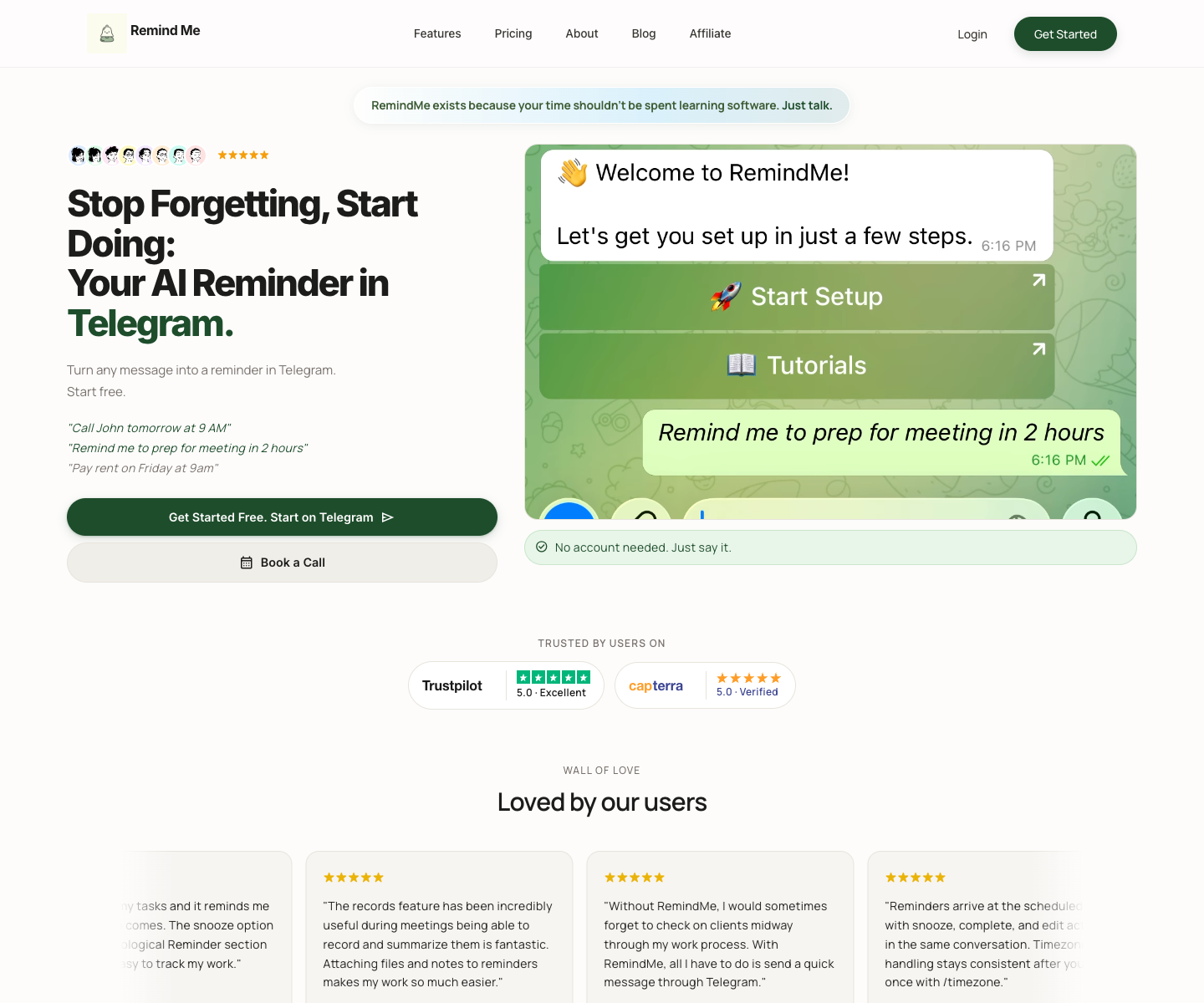 Remind Me Bot landing page screenshot