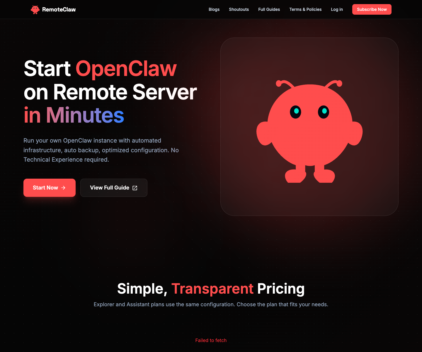 RemoteClaw landing page screenshot