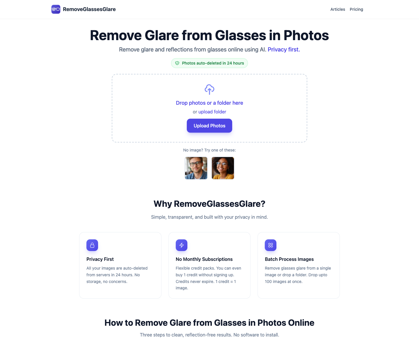 RemoveGlassesGlare landing page screenshot