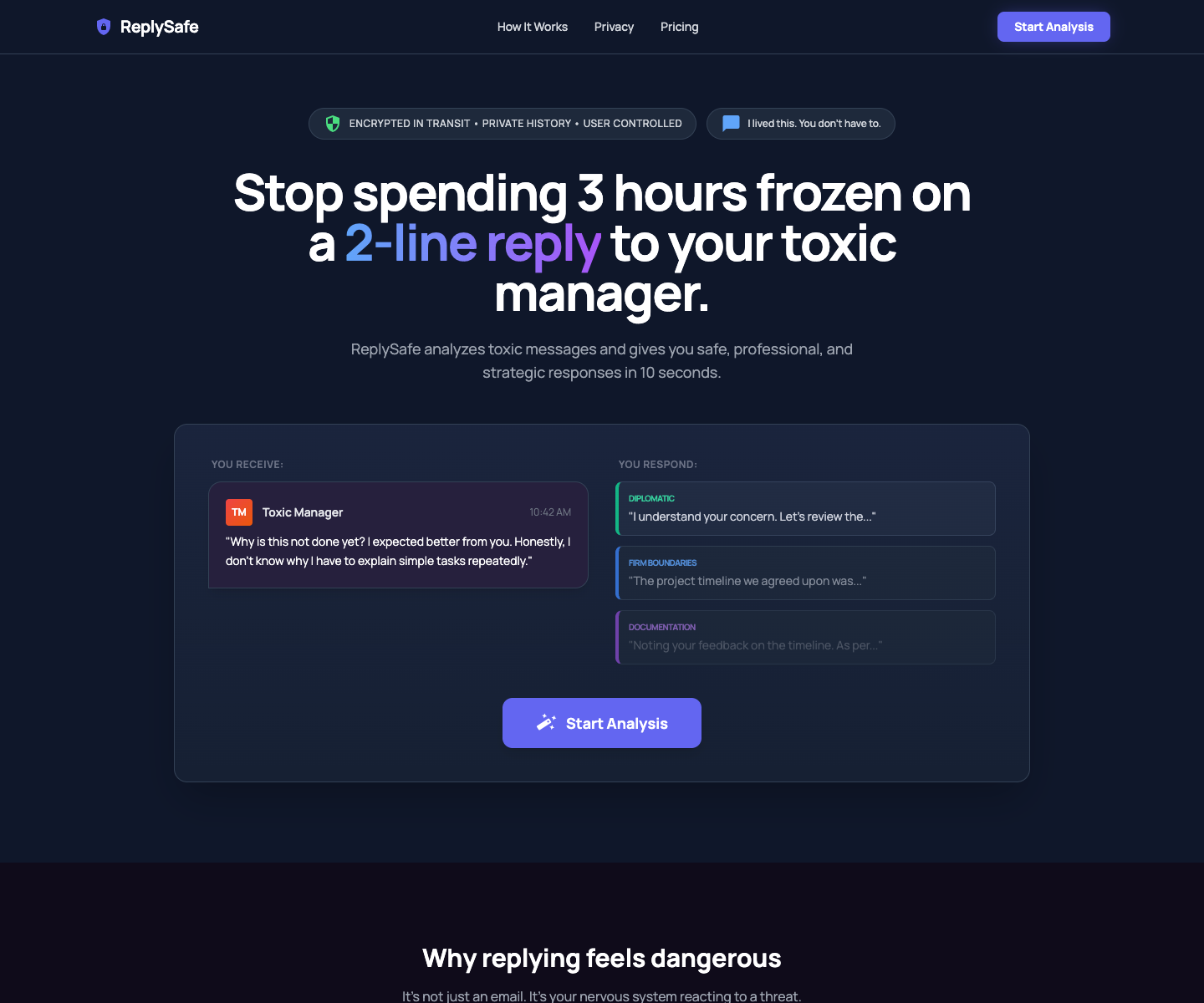 Reply Safe landing page screenshot