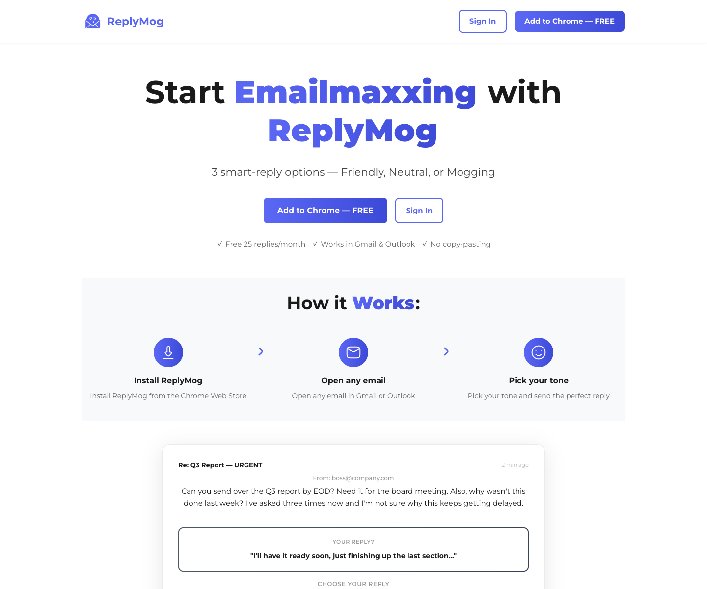 ReplyMog landing page screenshot