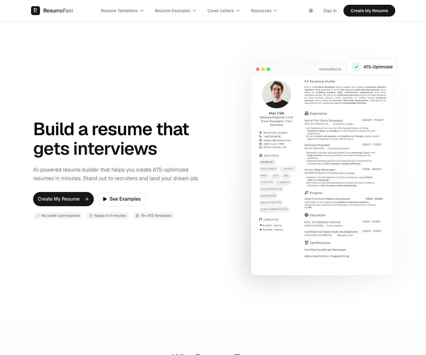 ResumeFast landing page screenshot