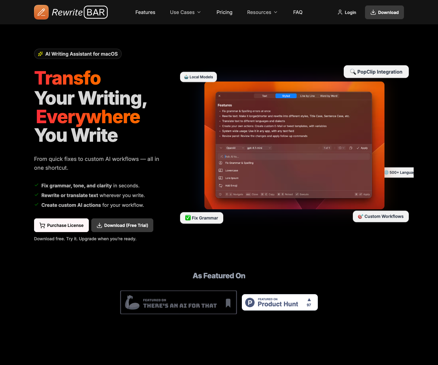 RewriteBar landing page screenshot