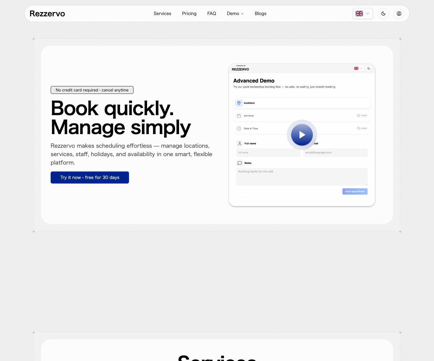 Rezzervo landing page screenshot