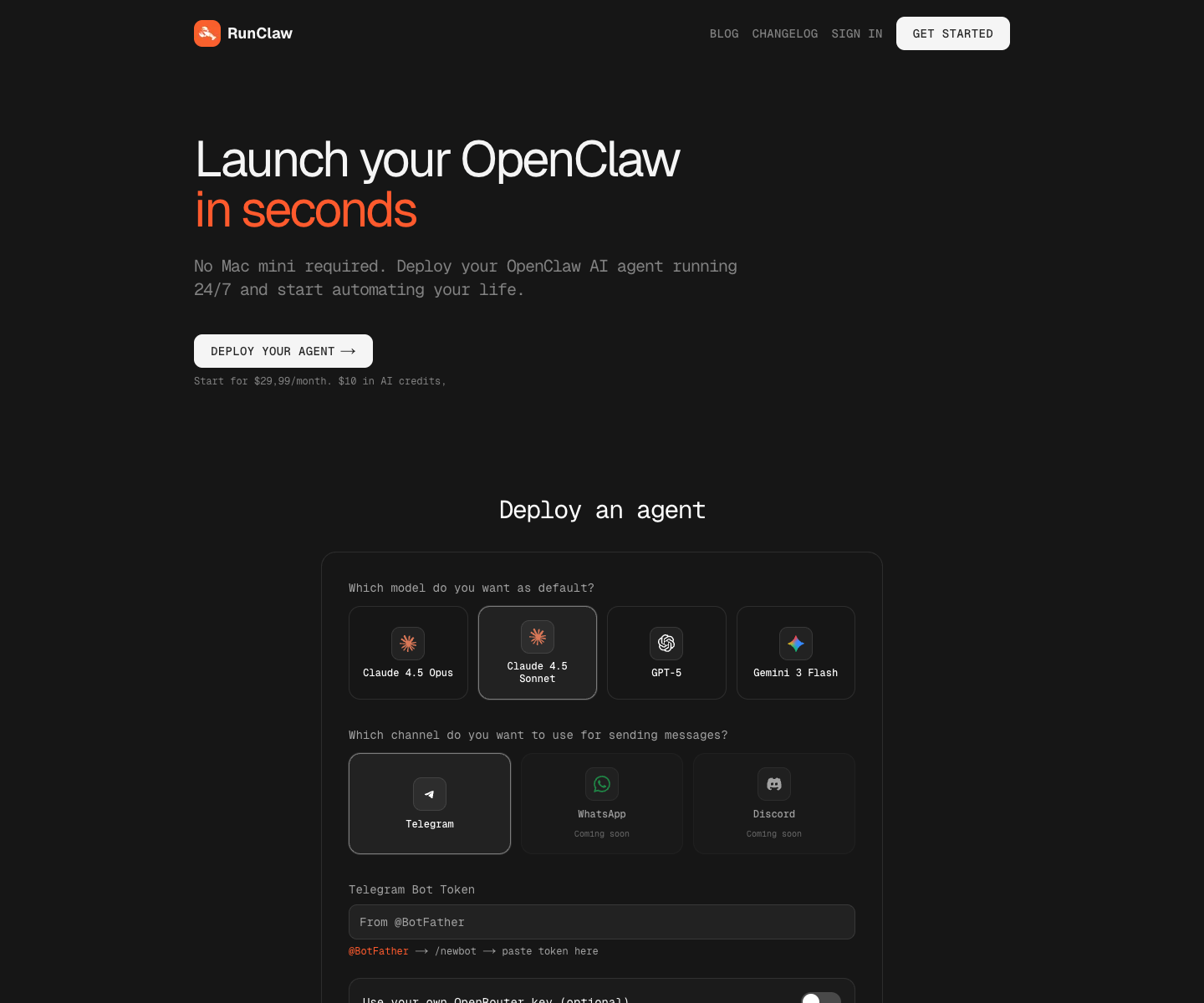runclaw.sh landing page screenshot