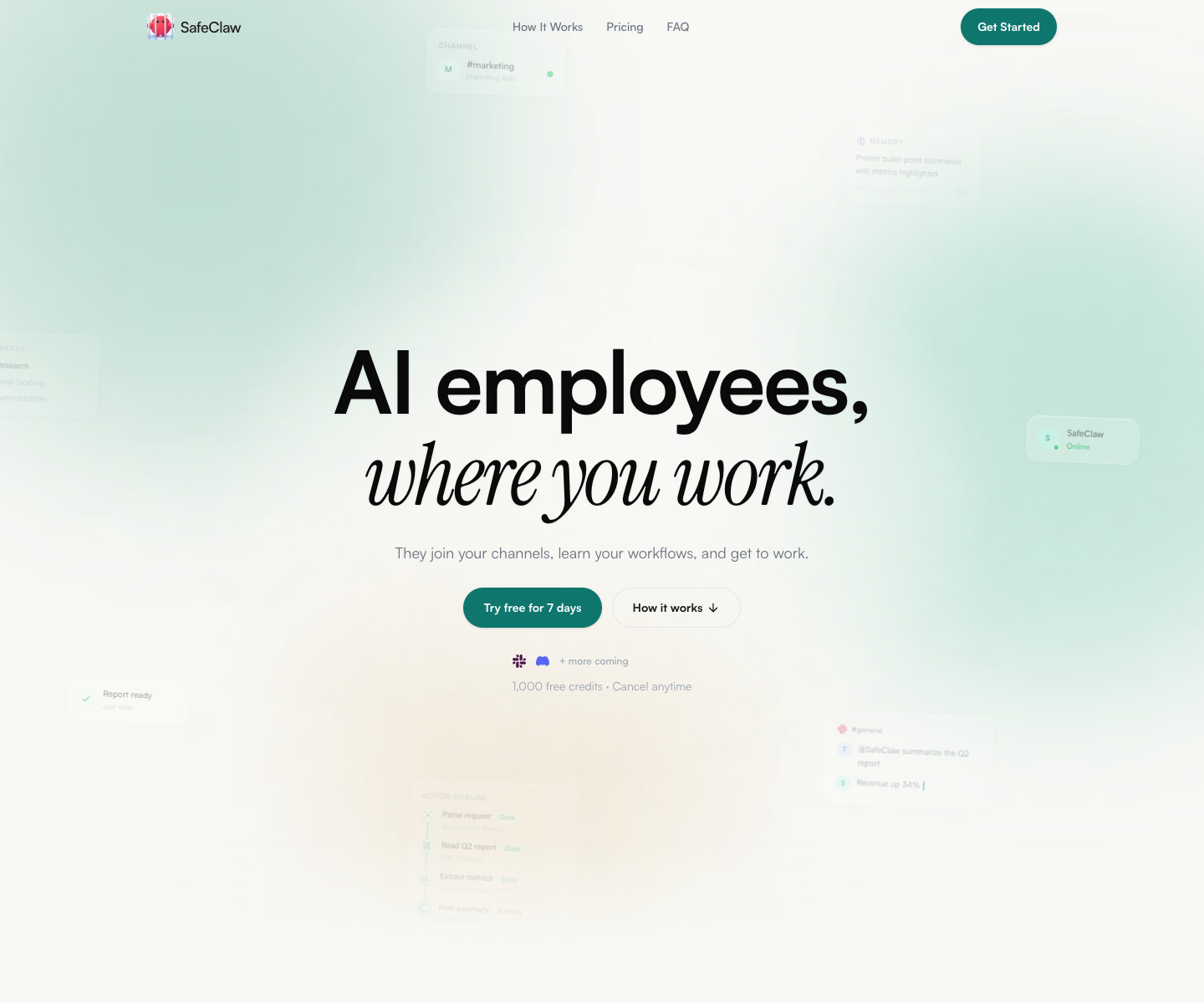 SafeClaw landing page screenshot