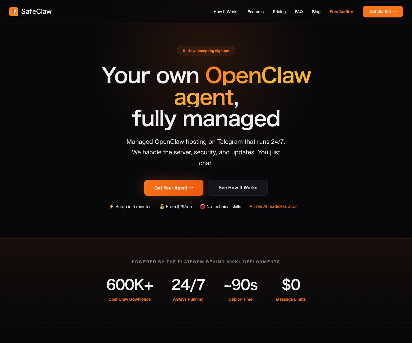 SafeClaw landing page screenshot