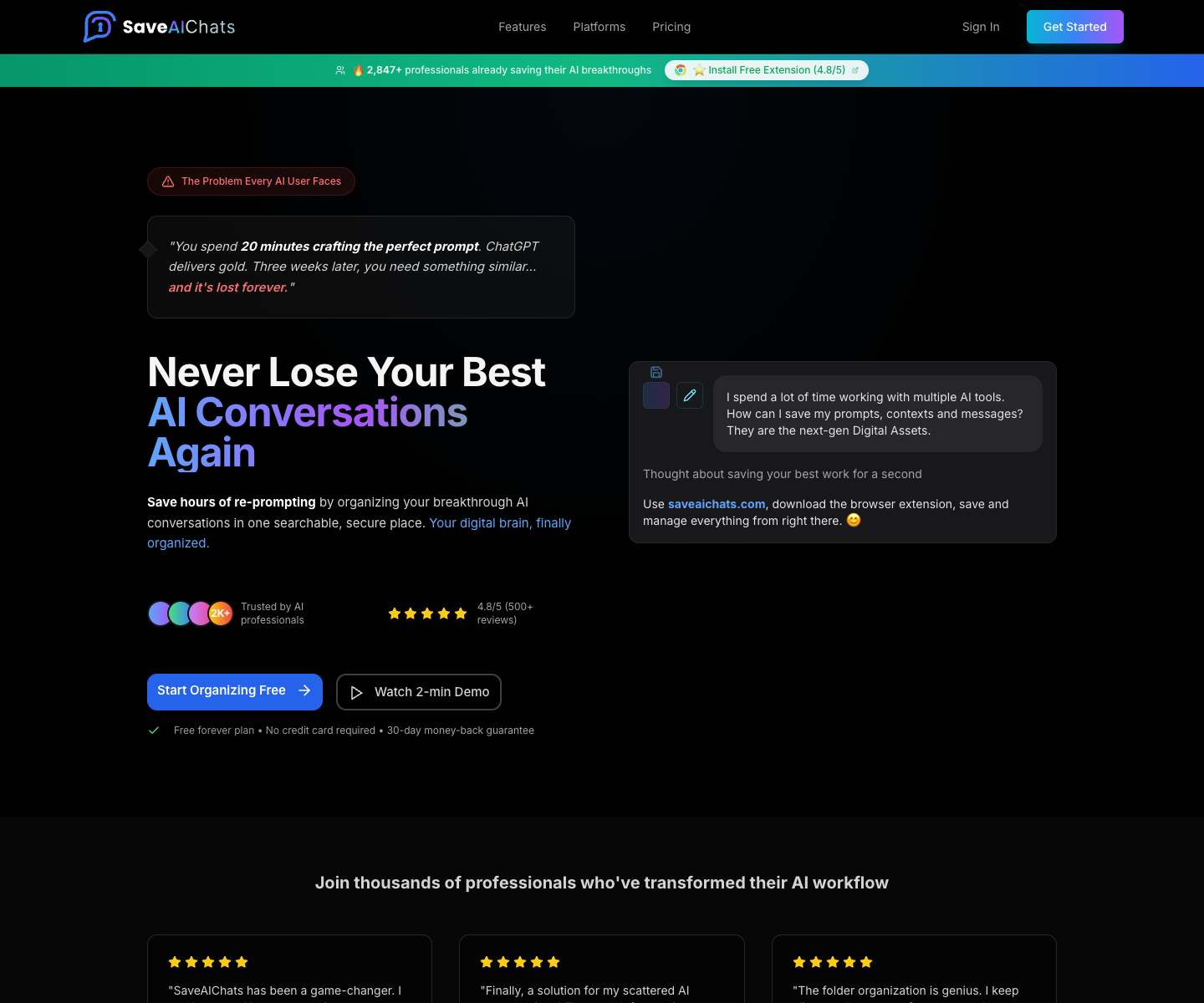 SaveAIChats landing page screenshot