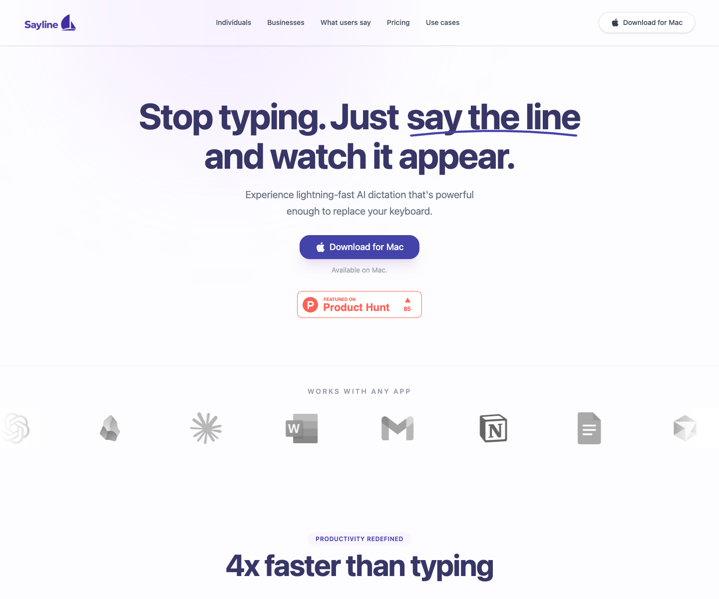 Sayline landing page screenshot