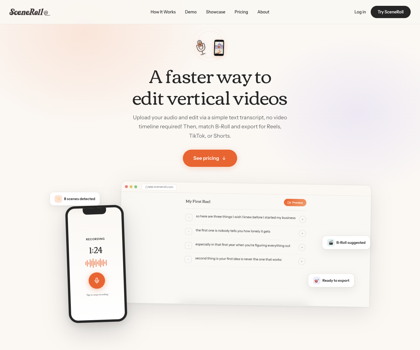 SceneRoll landing page screenshot