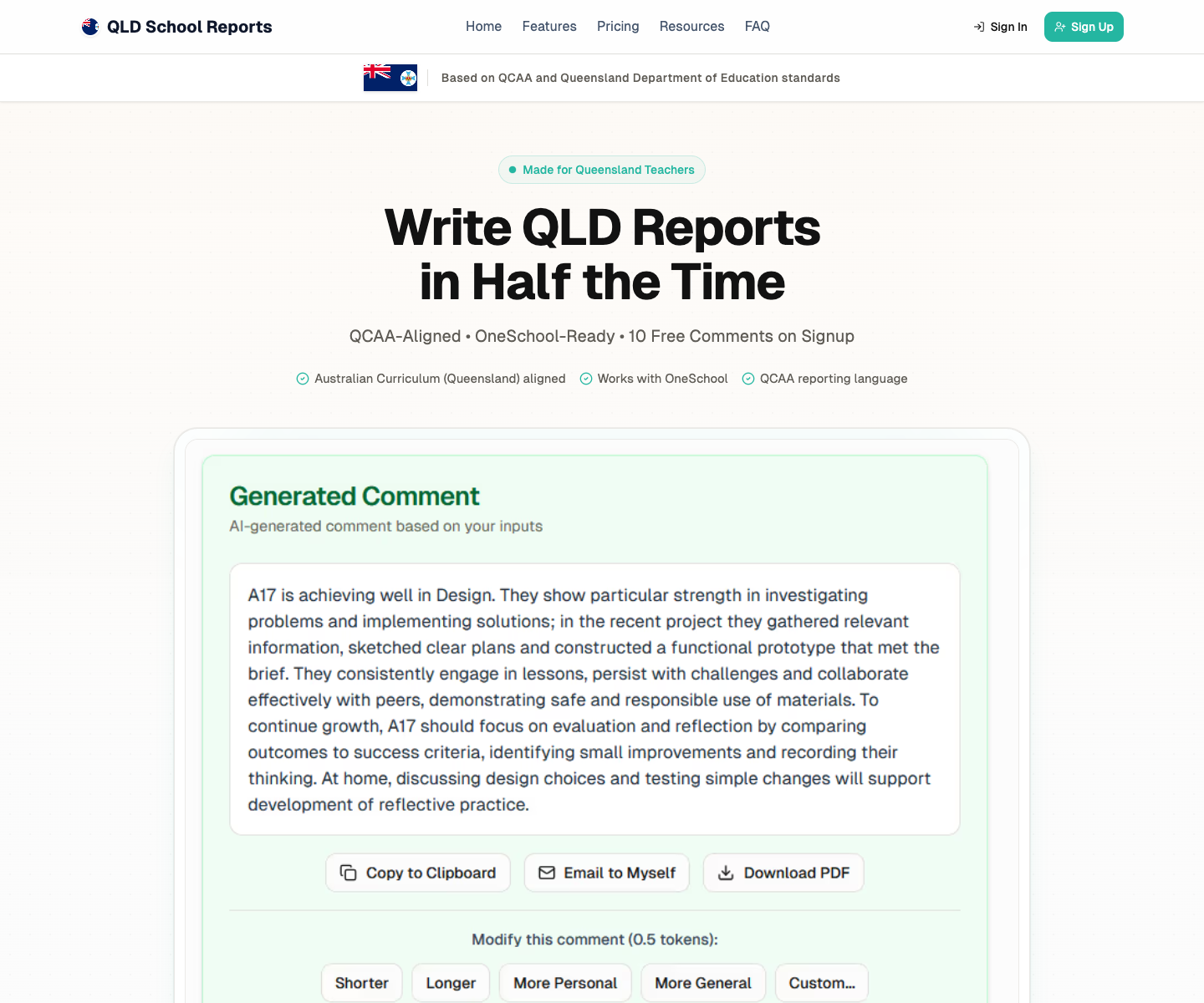 School Reports QLD landing page screenshot