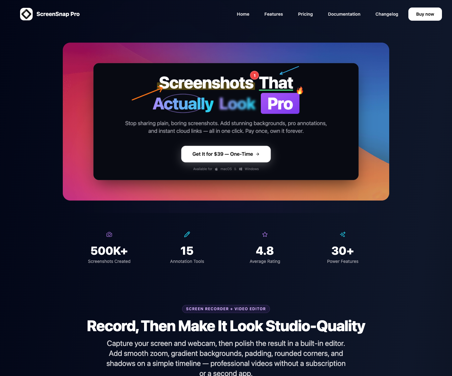 ScreenSnap Pro landing page screenshot