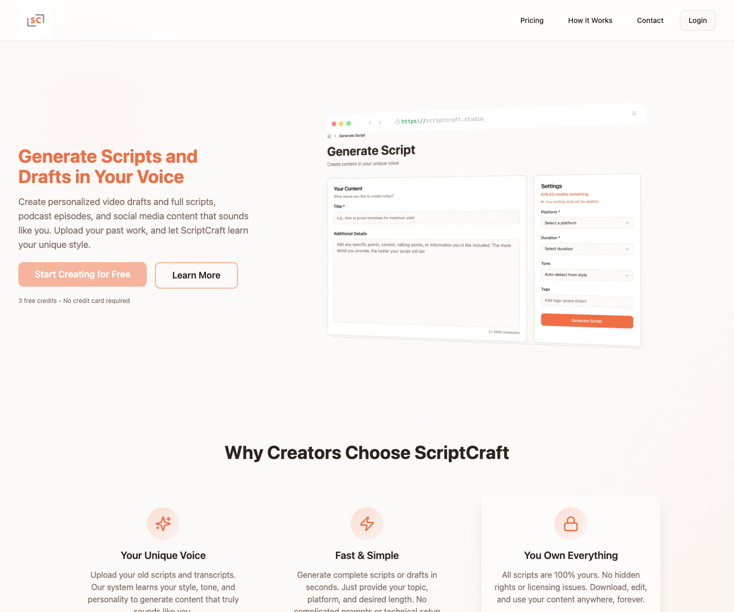 ScriptCraft landing page screenshot