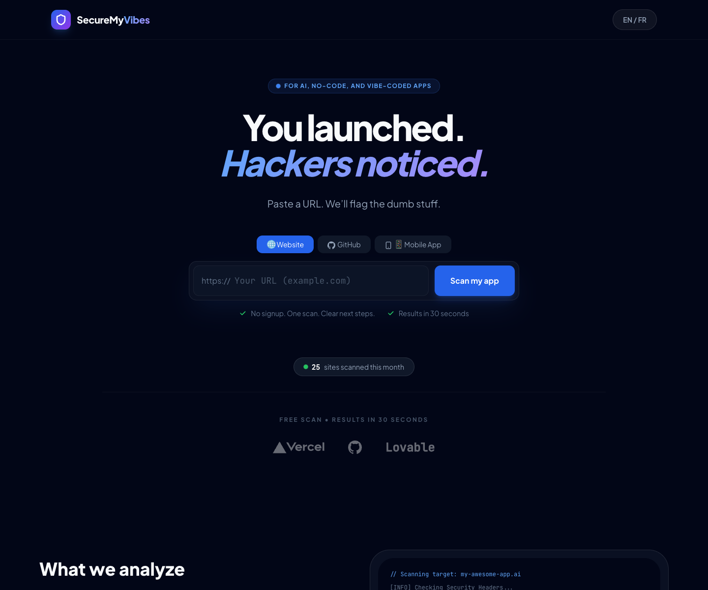 SecureMyVibes landing page screenshot