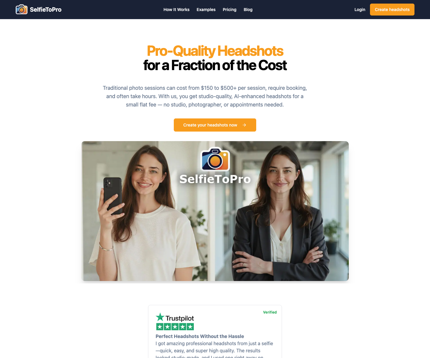 SelfieToPro landing page screenshot