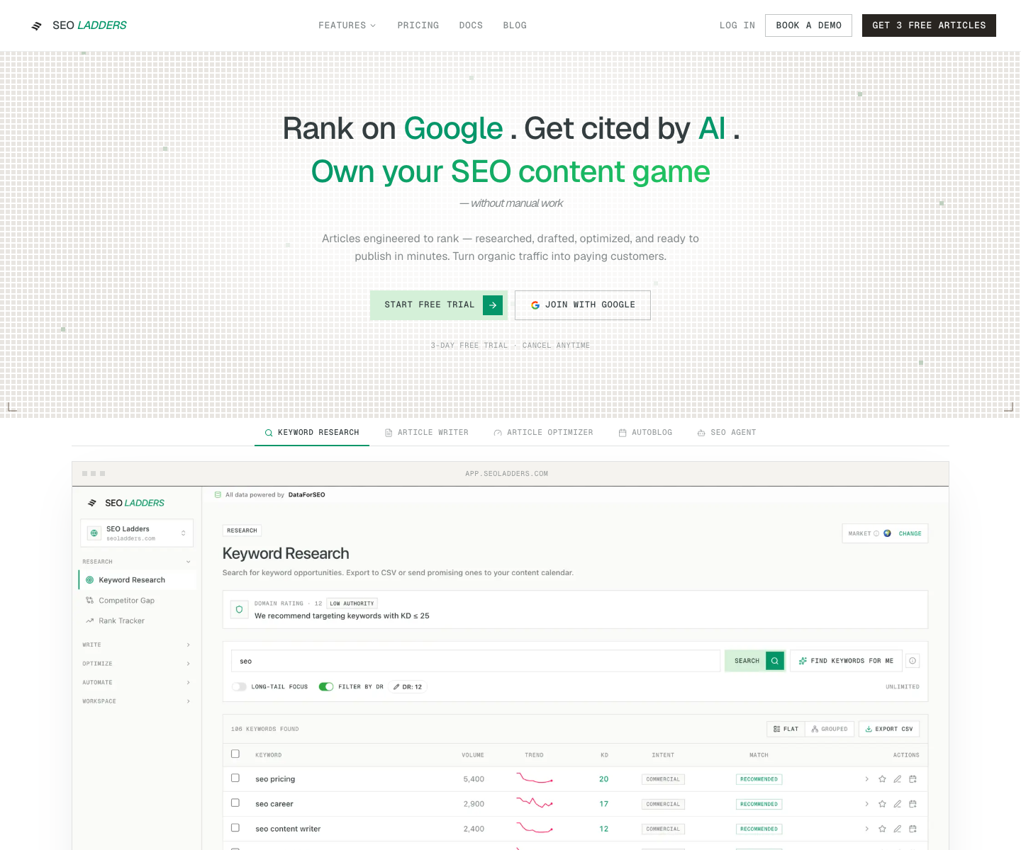 SEO LADDERS landing page screenshot