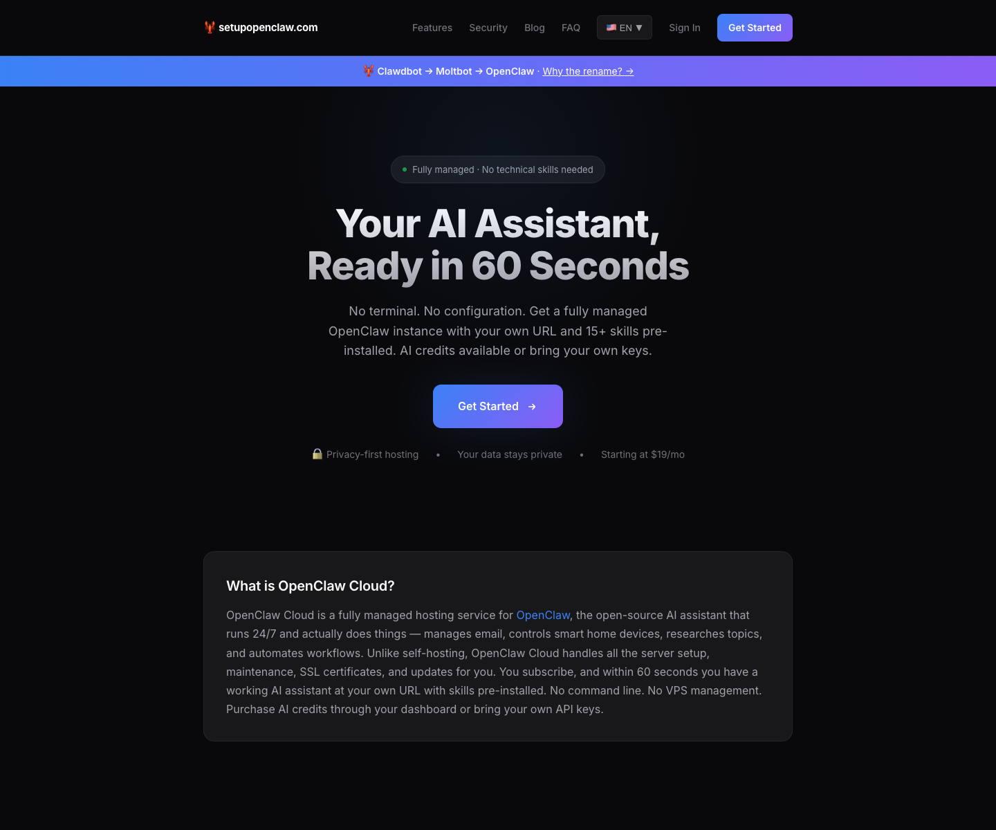 Setup OpenClaw landing page screenshot
