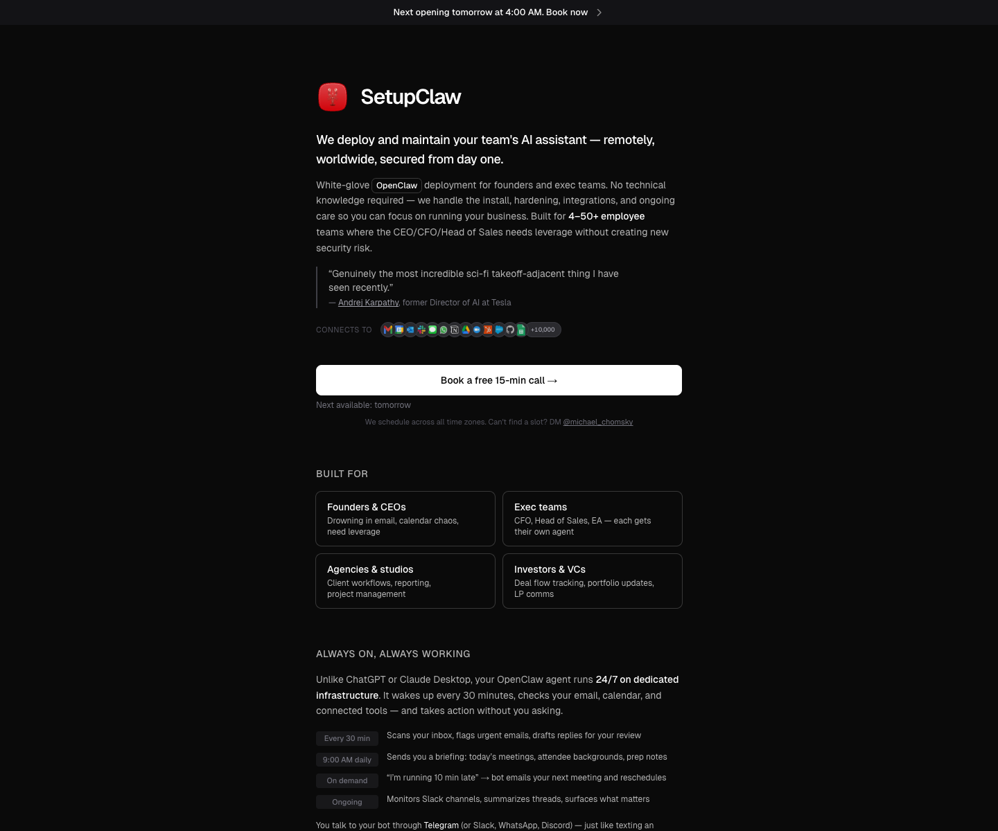 setupclaw landing page screenshot