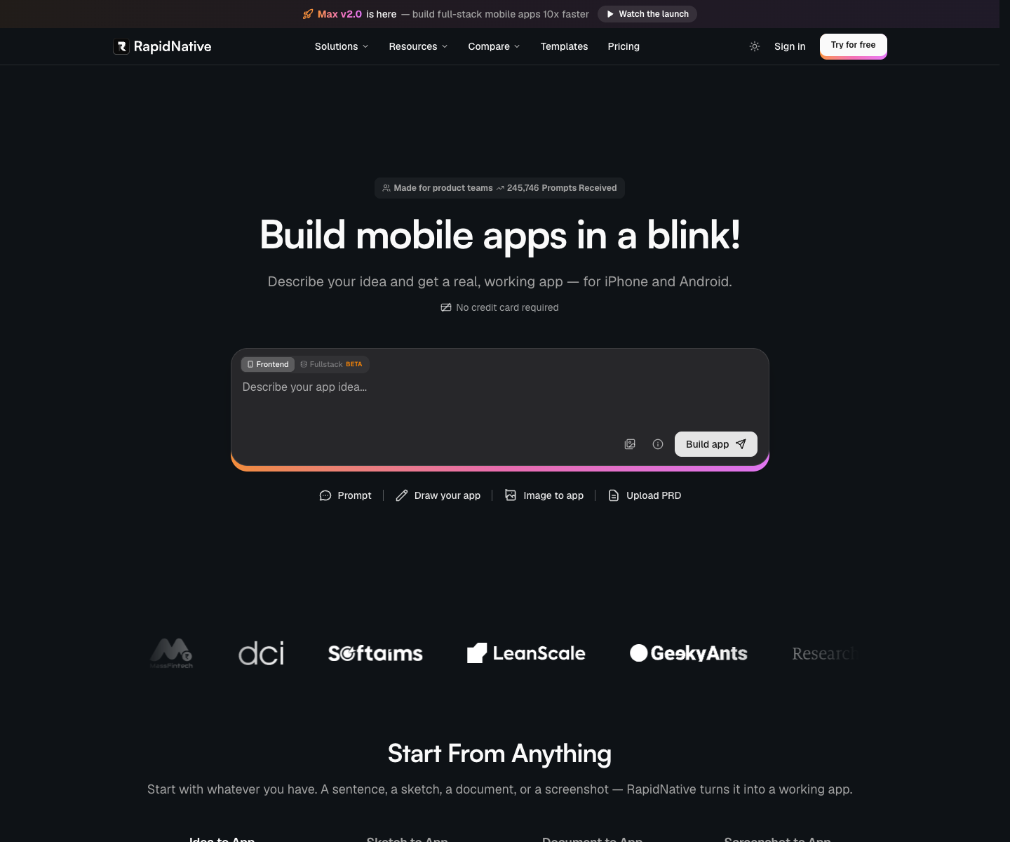 RapidNative landing page screenshot