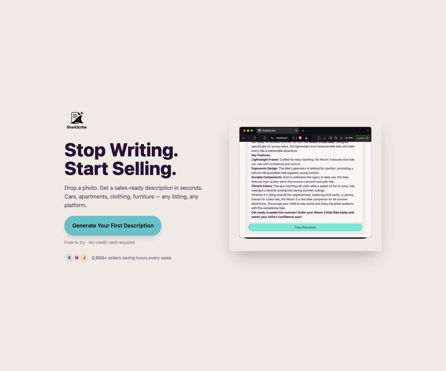 SharkScribe landing page screenshot