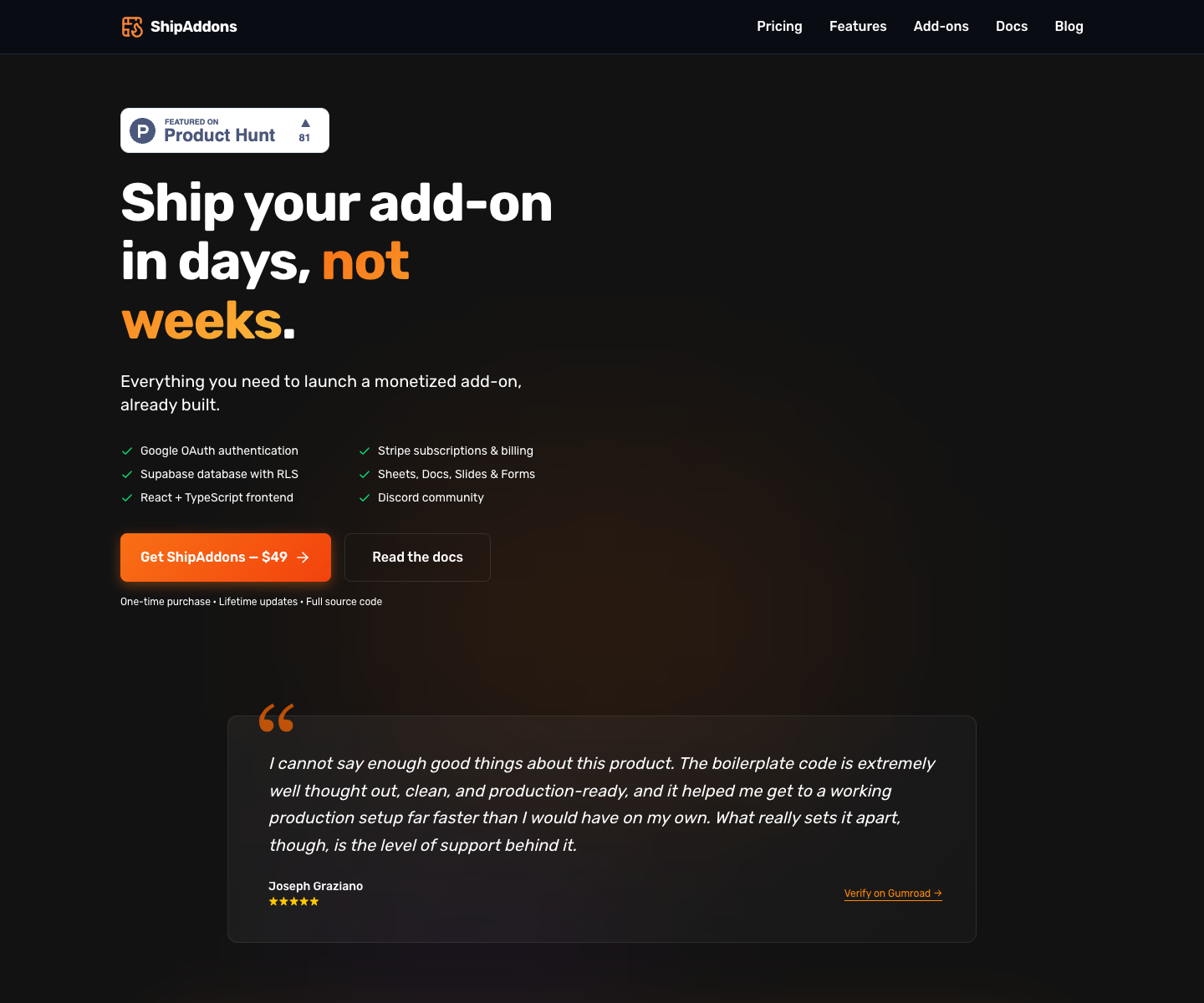 ShipAddons landing page screenshot