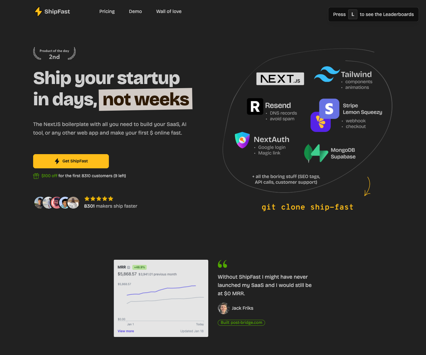 ShipFast landing page screenshot