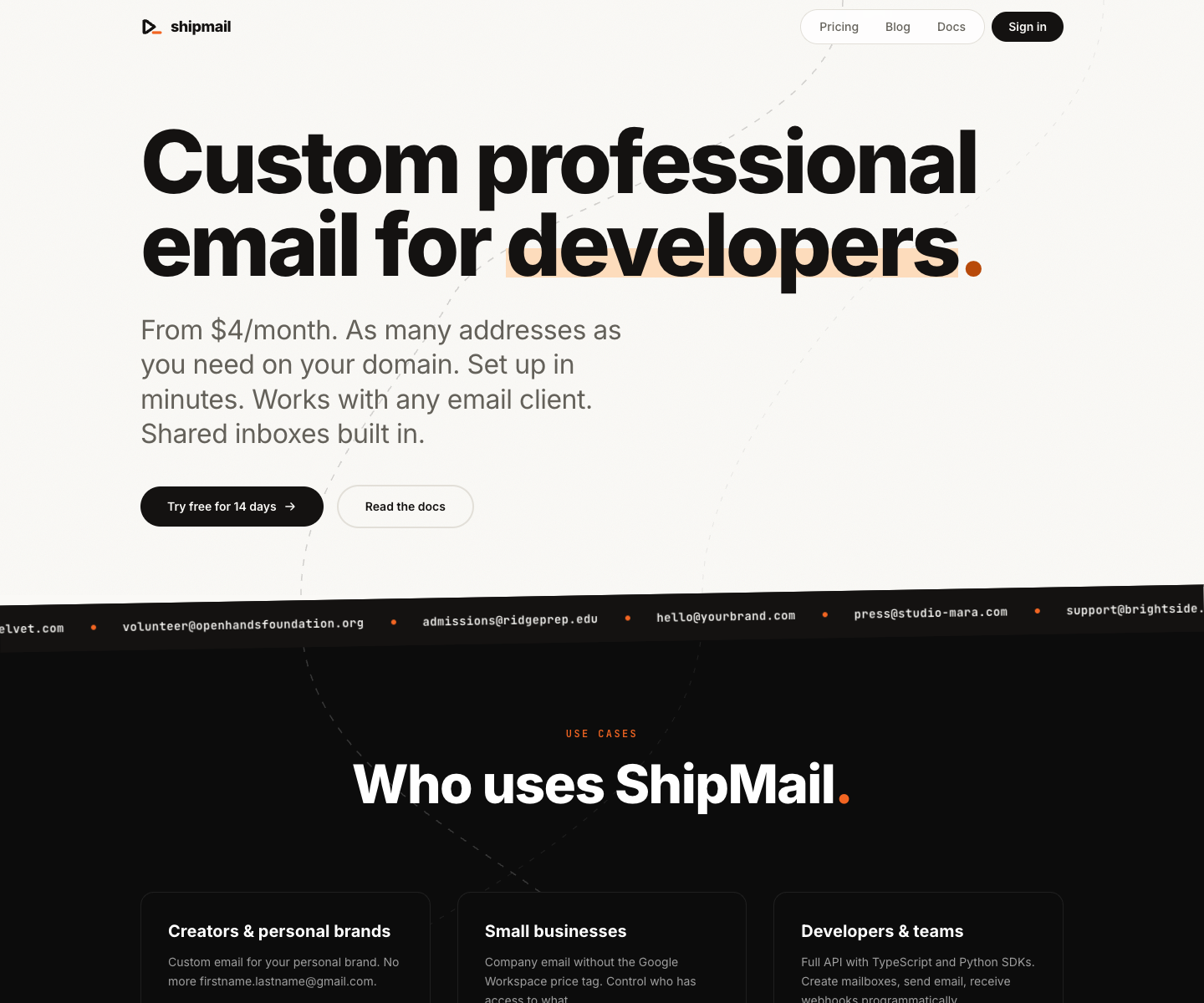 shipmail landing page screenshot