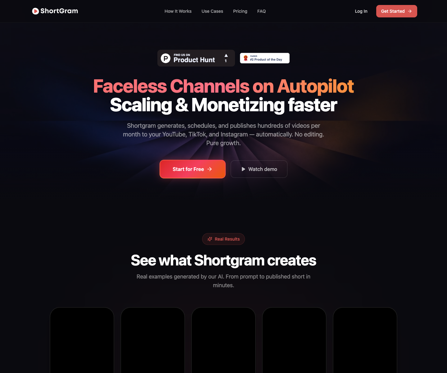 Shortgram landing page screenshot