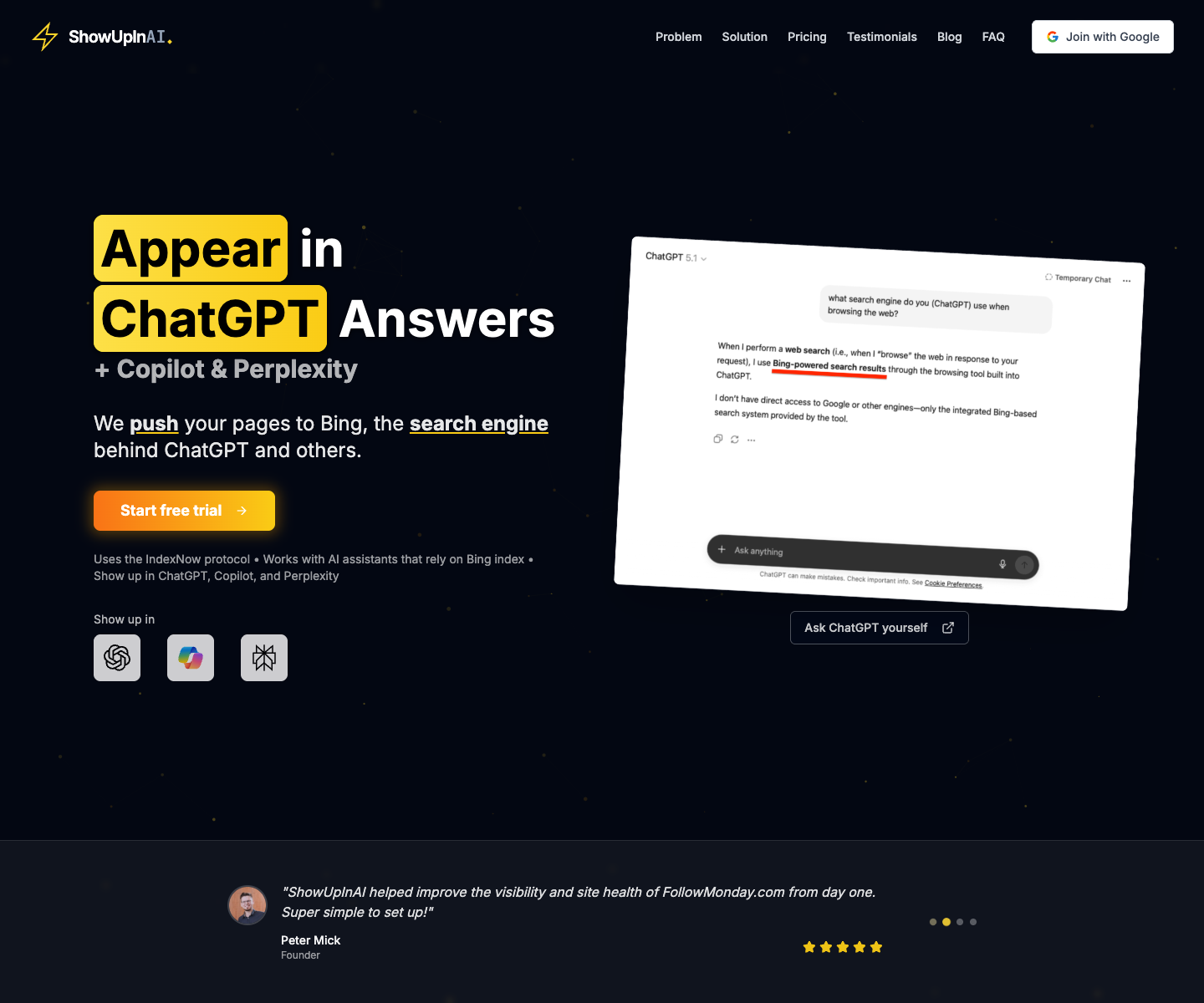 Show Up in AI landing page screenshot
