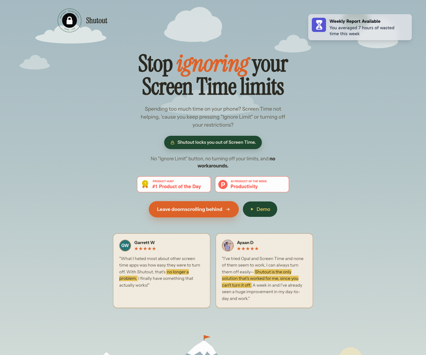 Shutout landing page screenshot