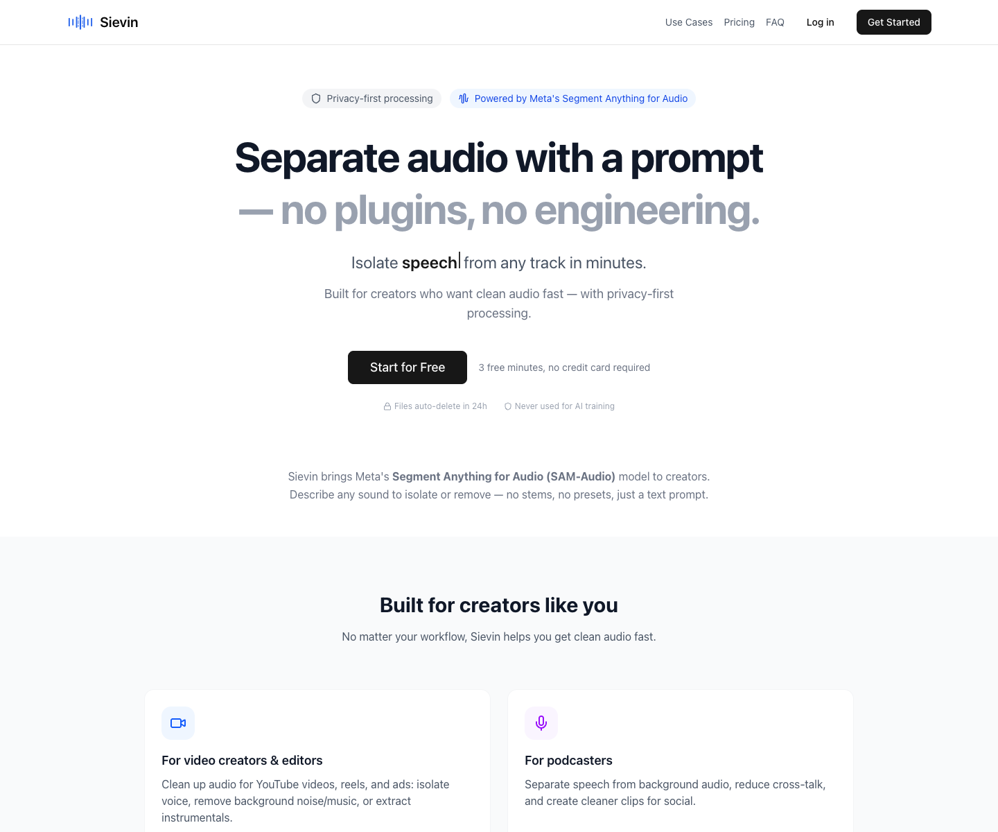 Sievin landing page screenshot