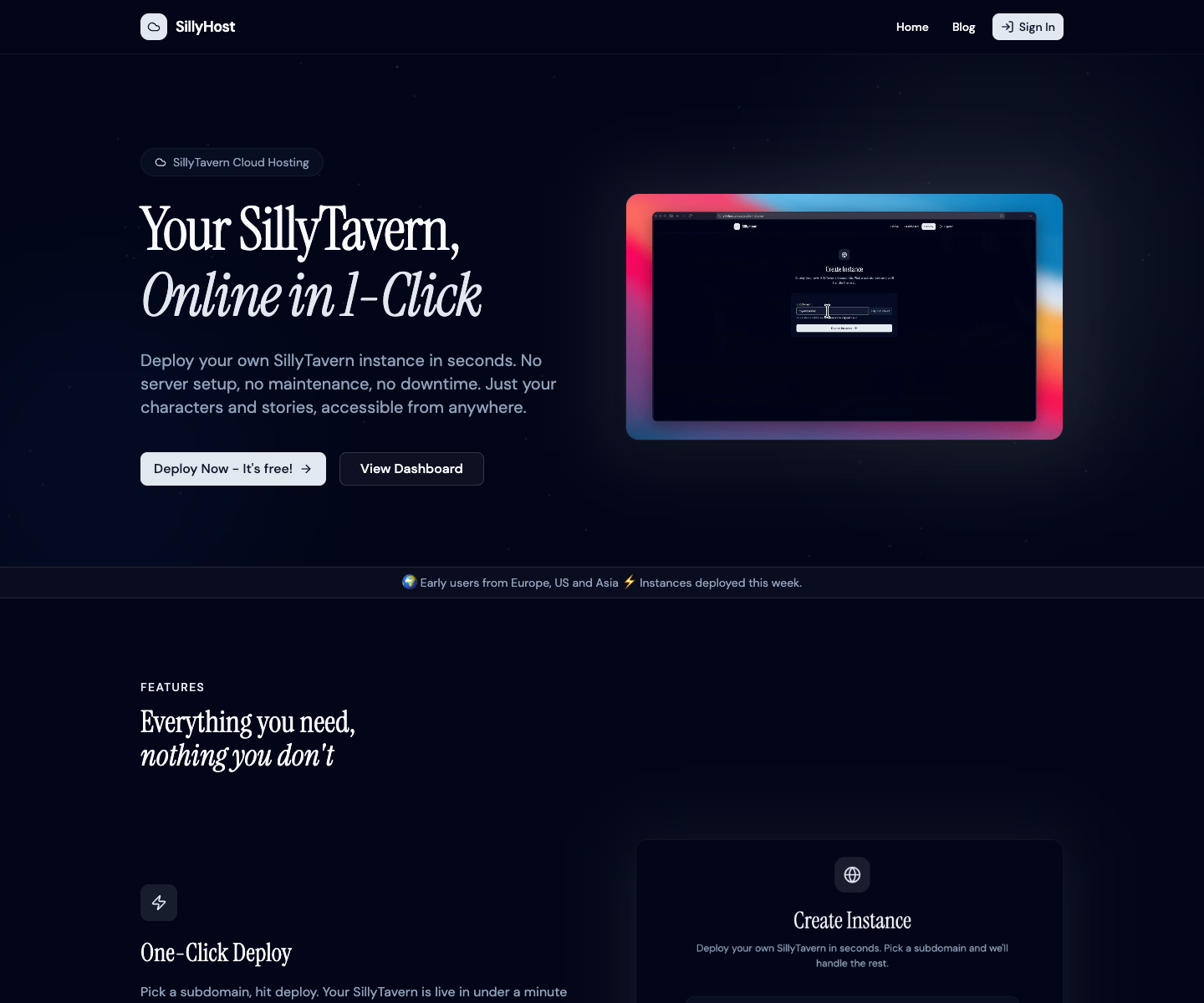SillyHost landing page screenshot