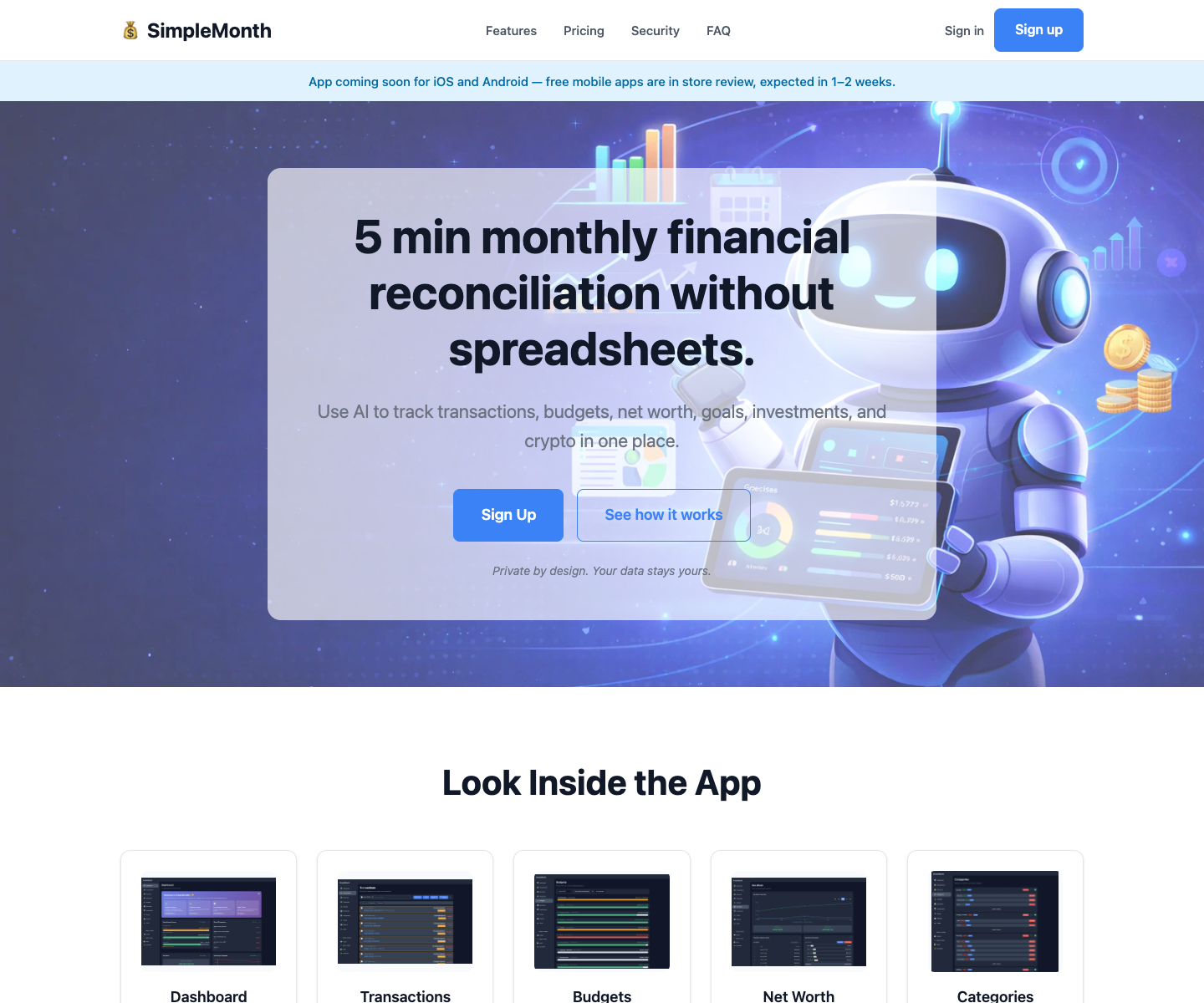 SimpleMonth App landing page screenshot