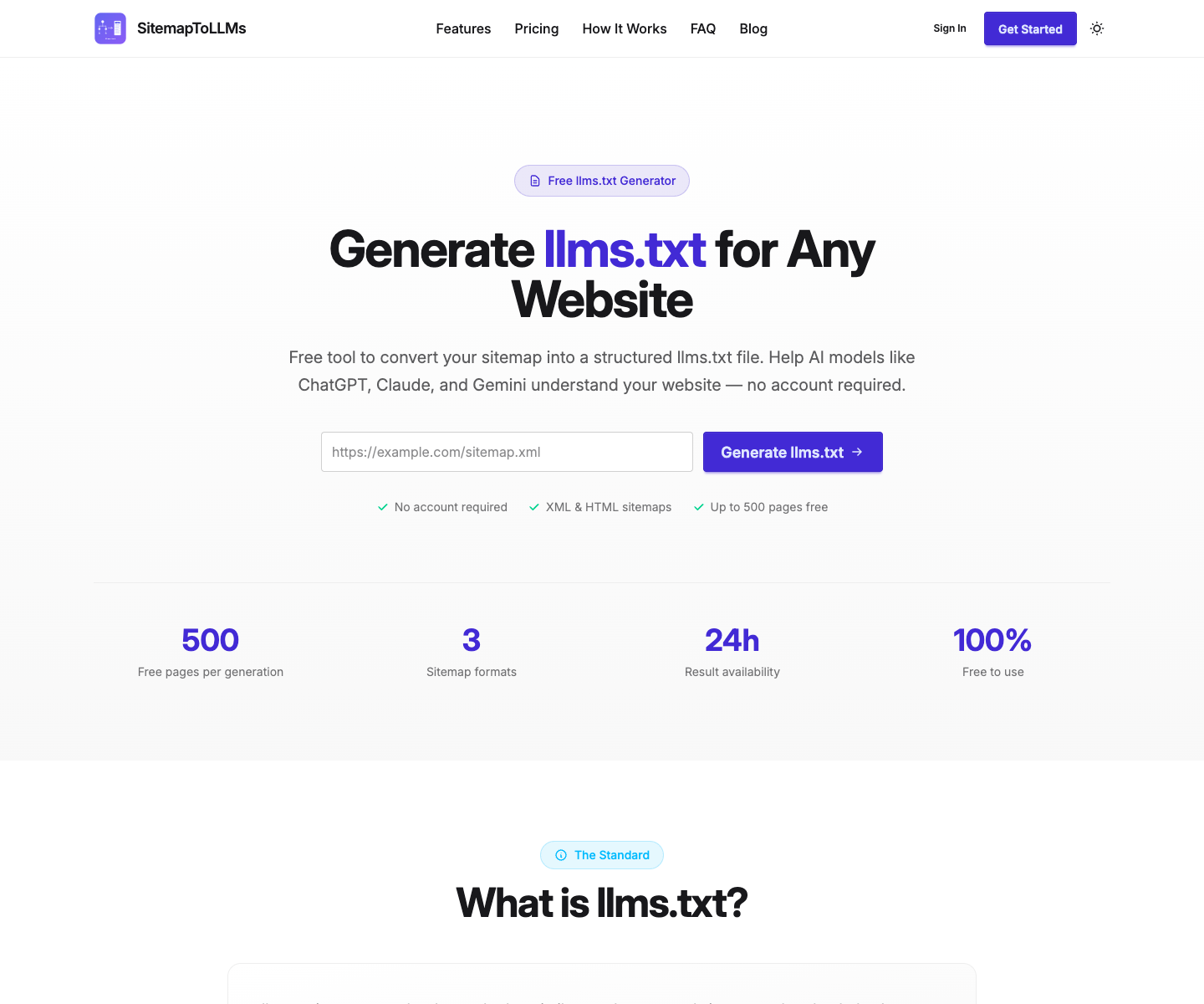 SitemapToLLMs landing page screenshot
