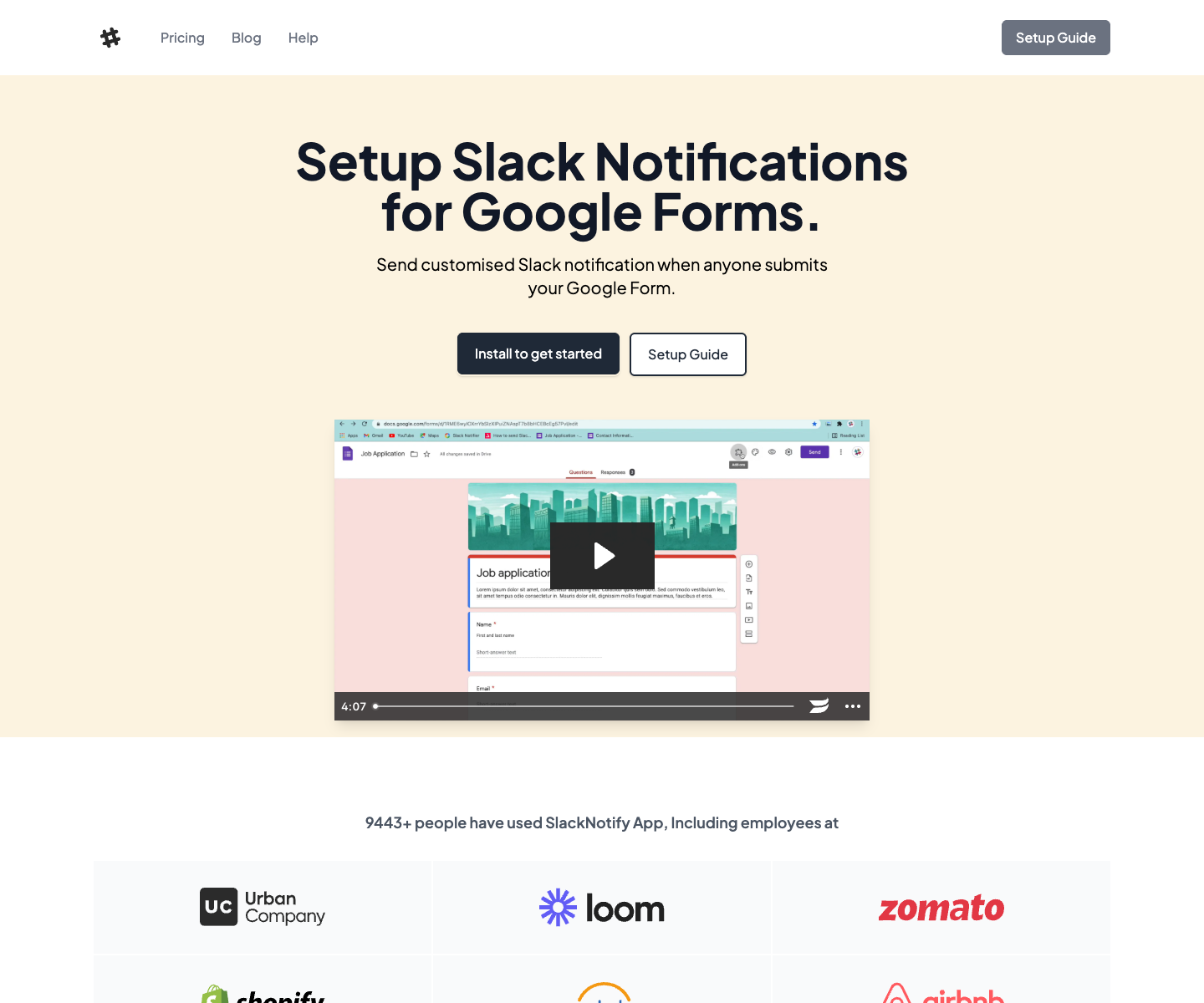 SlackNotify App landing page screenshot
