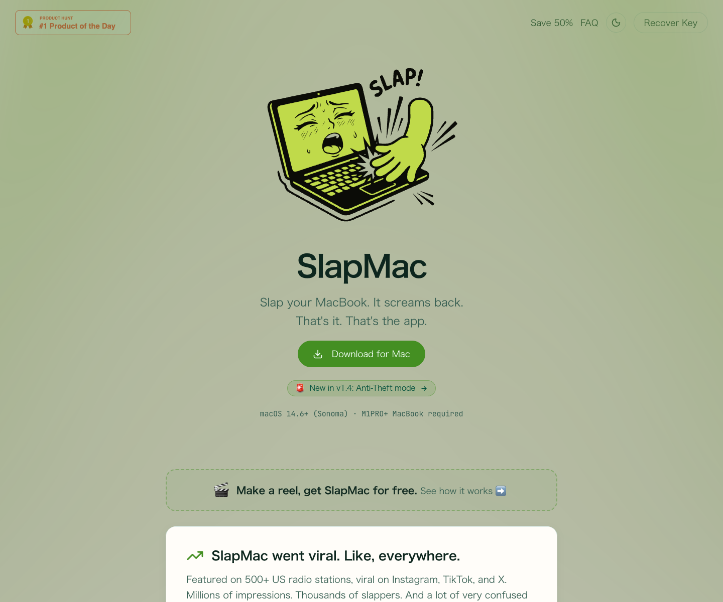 SlapMac landing page screenshot