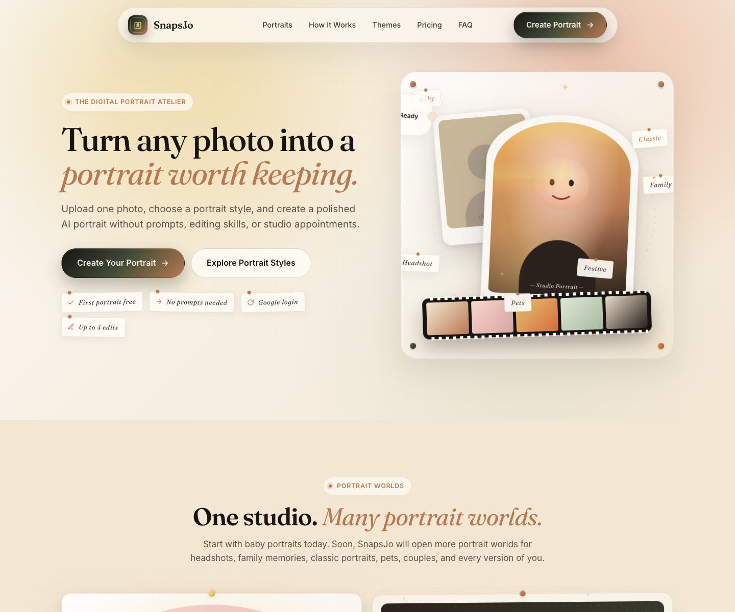 SnapsJo | AI Baby Portrait Generator with High Viral Potential landing page screenshot