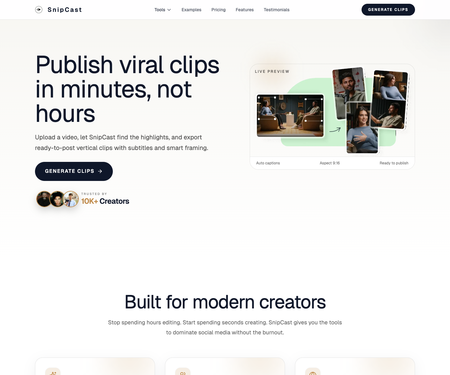 snipcast landing page screenshot