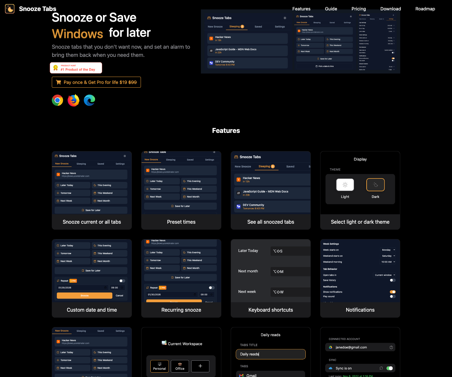 SnoozeTabs landing page screenshot