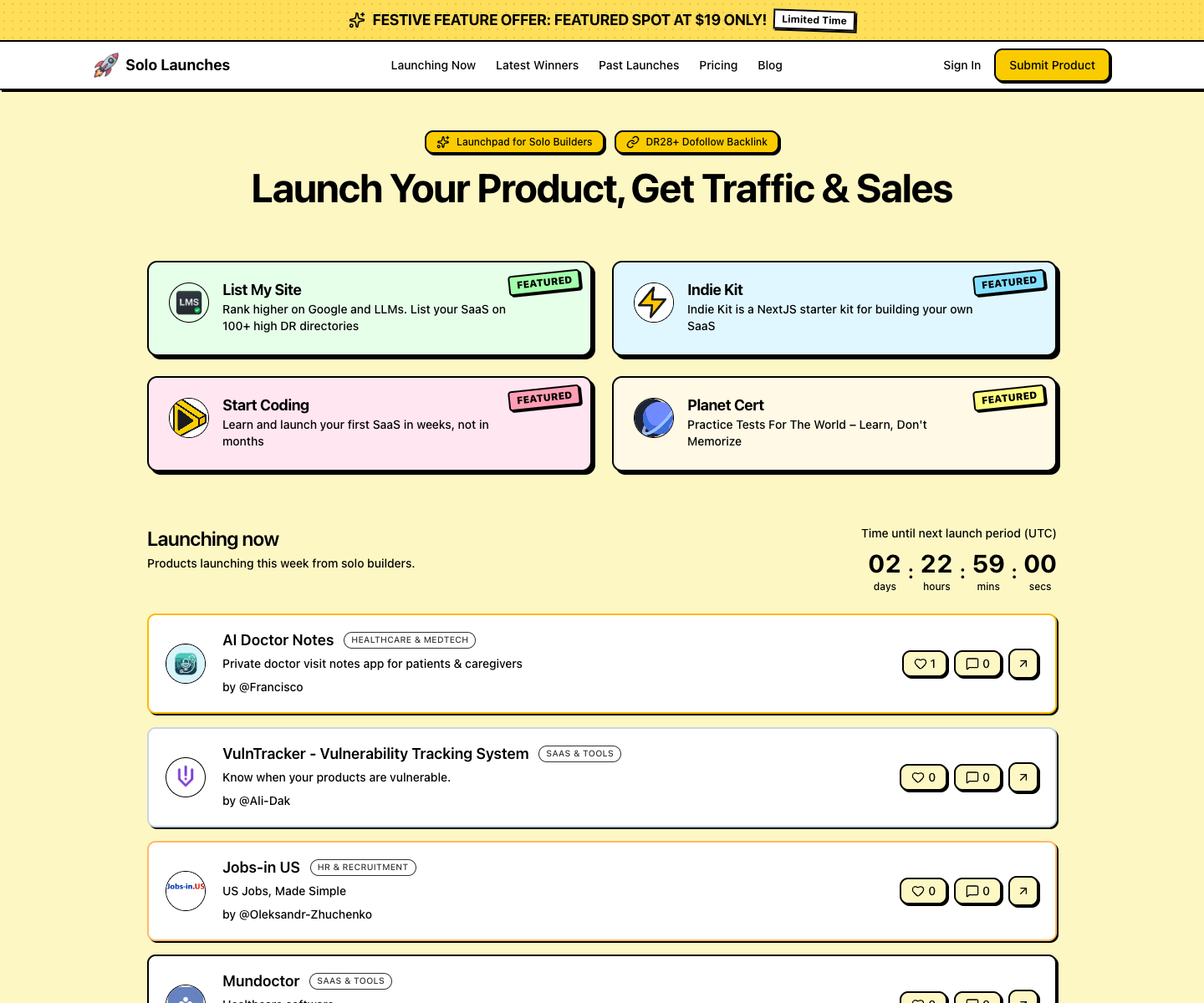 Solo Launches landing page screenshot