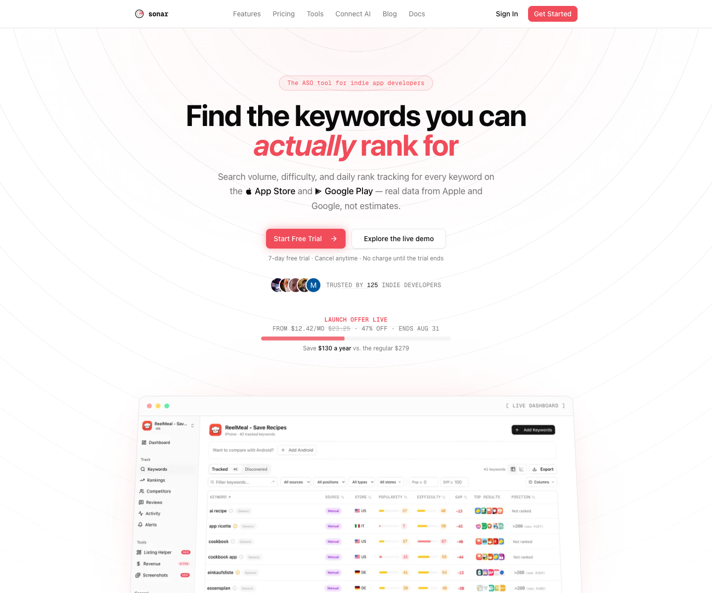 Sonar - ASO tool landing page screenshot