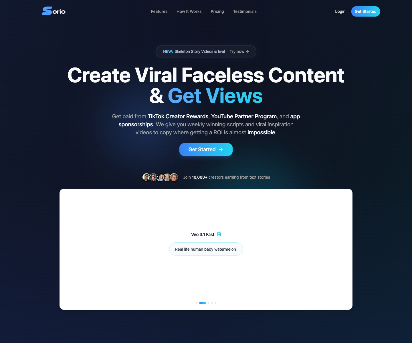 Sorio AI landing page screenshot