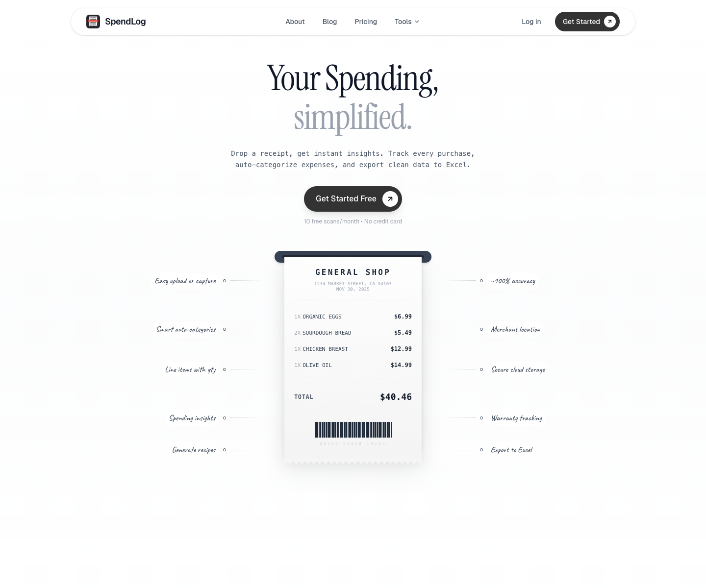 SpendLog landing page screenshot