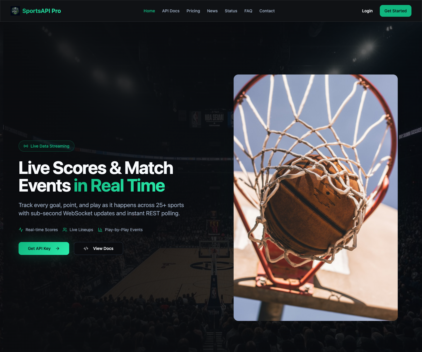 SportsApi Pro landing page screenshot
