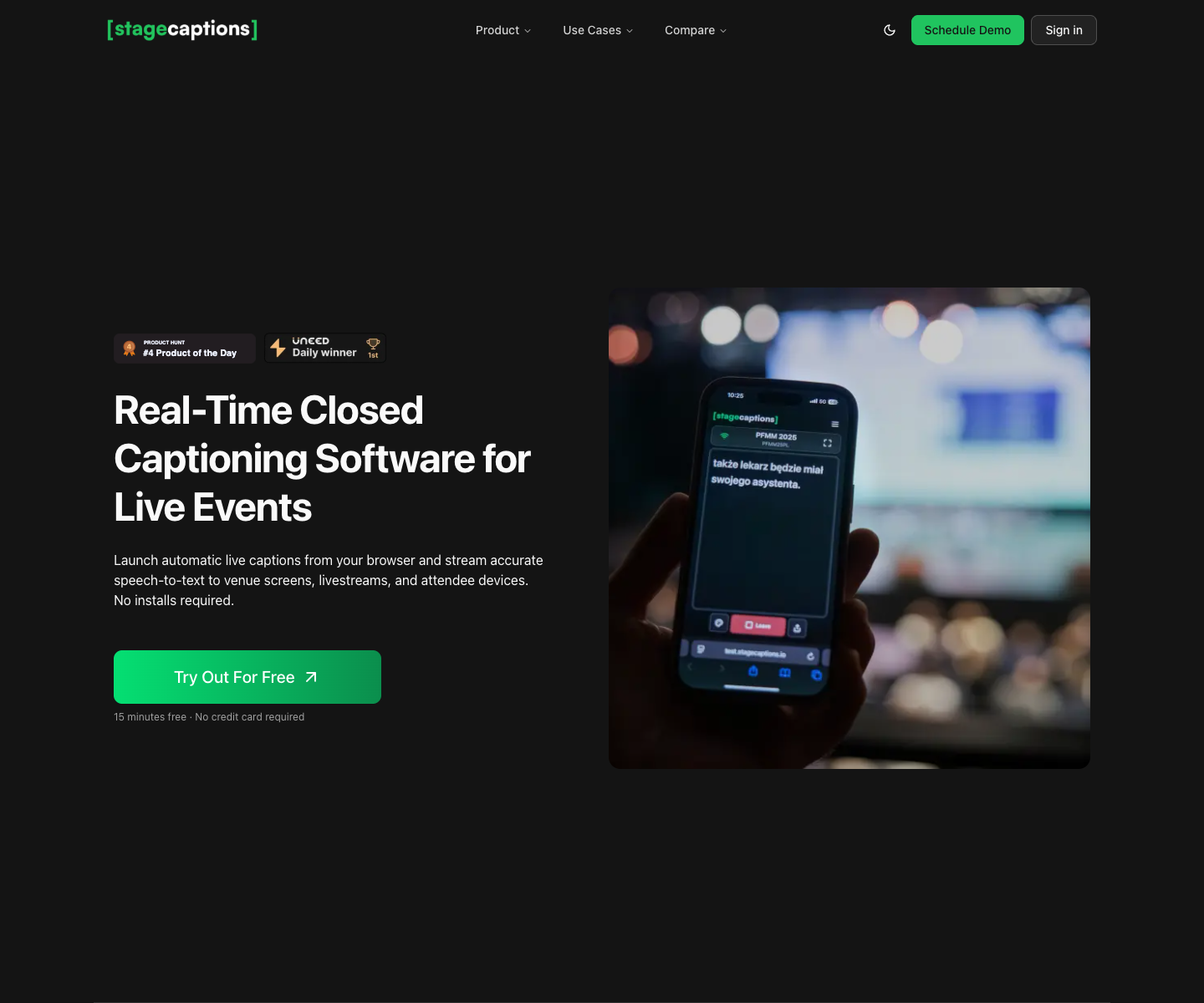 stagecaptions.io landing page screenshot