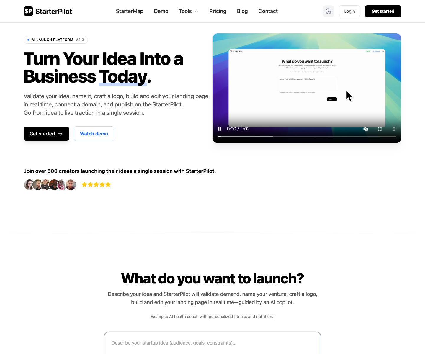 StarterPilot landing page screenshot