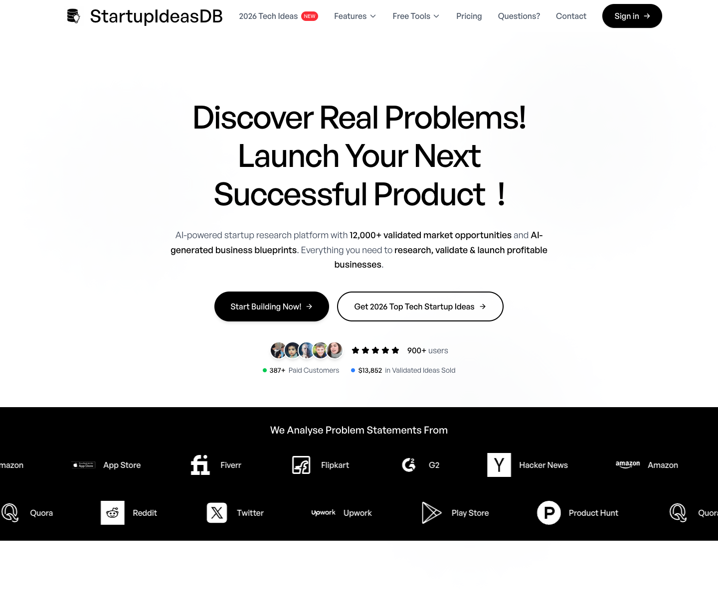 StartupIdeasDB landing page screenshot